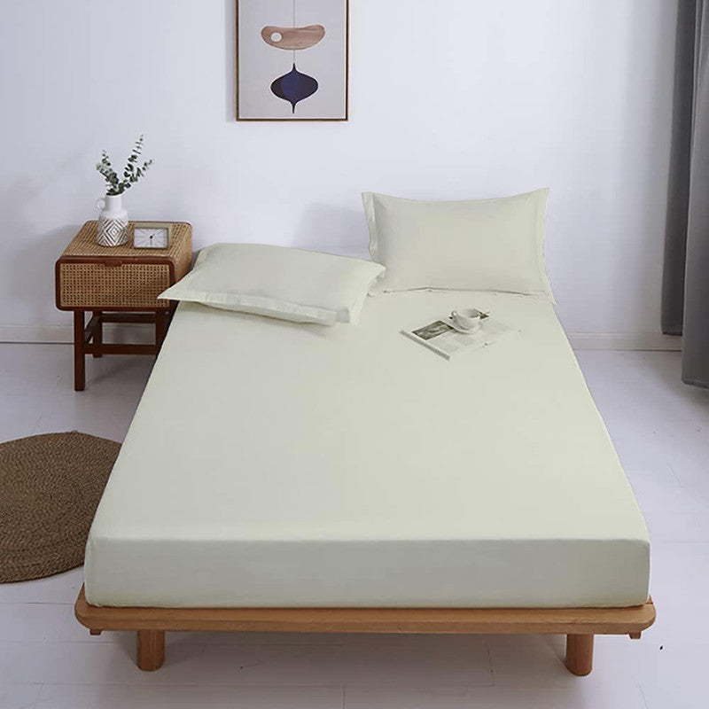 Premium 100% Cotton Fitted Bedsheet with 2 Pillow Covers | All-Round Elastic | 10-Inch Deep Pocket (Ivory)