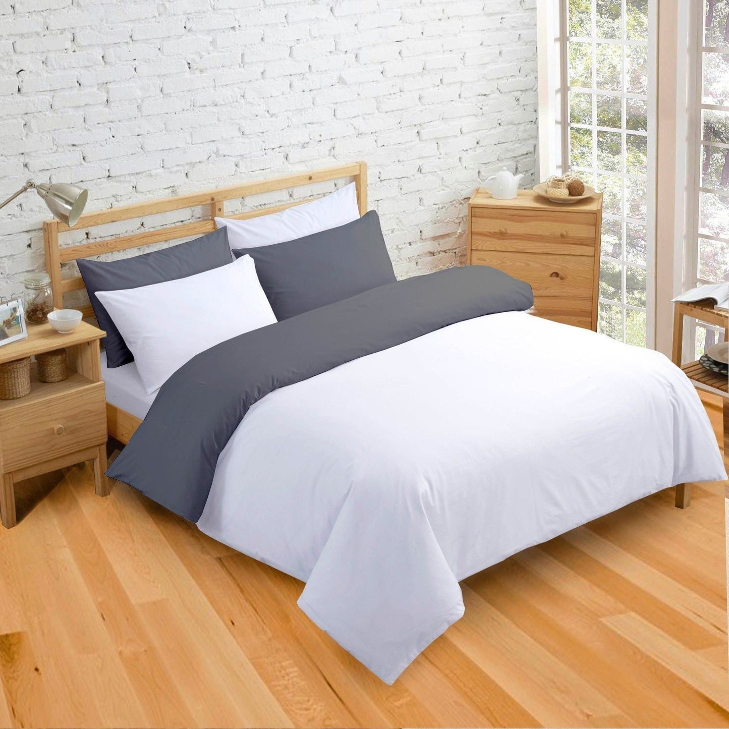 Cotton Reversible Duvet Cover Set | Silky Soft Sateen Weave | Breathable Long Staple Cotton Bedding with Zipper Closure | 3-Piece Set (1 Duvet Cover + 2 Pillowcases) Dark Grey/White
