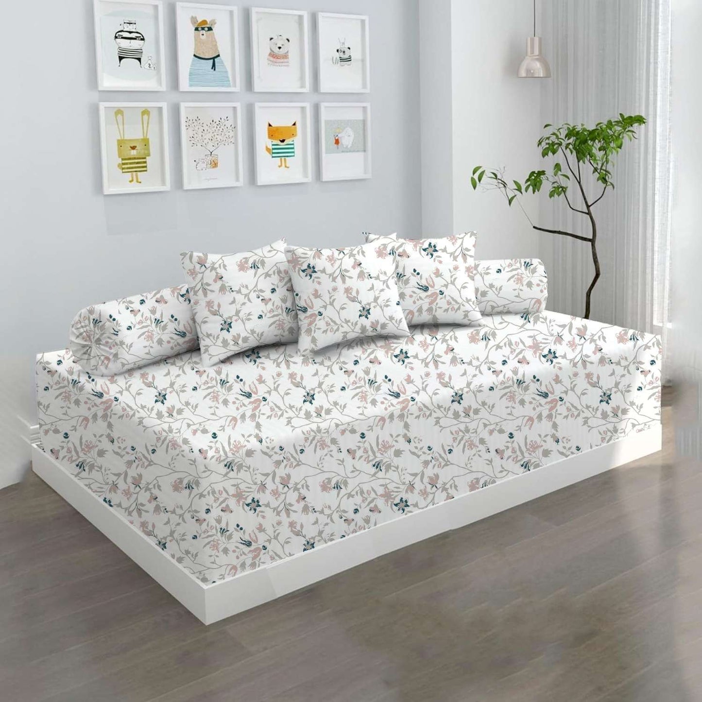 100% Microfiber 6 Pieces Diwan Set - Single bedsheet, 3 Cushions Covers and 2 Bolster Covers ( Diwan Sheet-60 X 90 Inches, Cushion Cover-16 X 16 Inches, Bolster Cover-16 X 32 Inches) (Pink White Waverly Print)