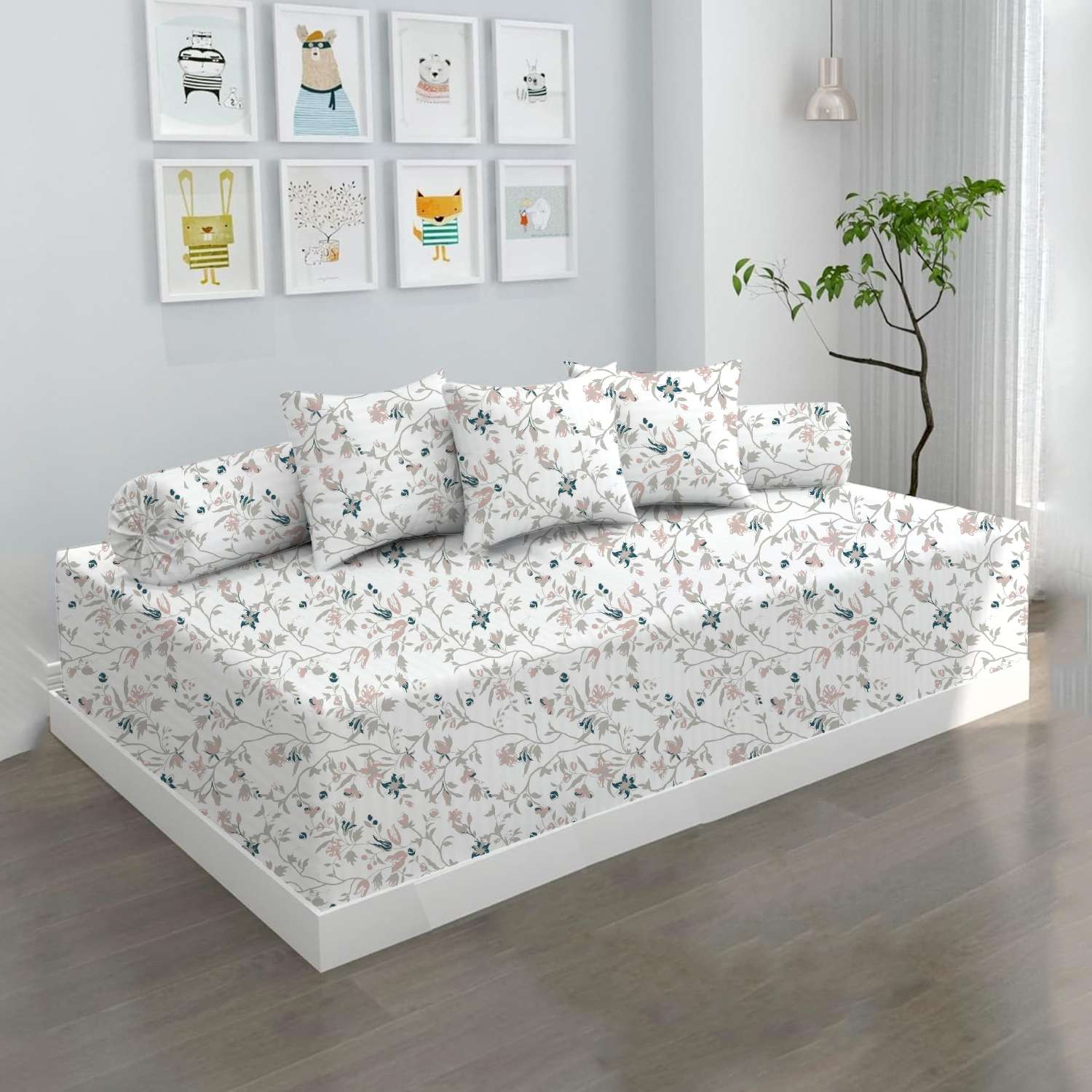 100% Microfiber 6 Pieces Diwan Set - Single bedsheet, 3 Cushions Covers and 2 Bolster Covers ( Diwan Sheet-60 X 90 Inches, Cushion Cover-16 X 16 Inches, Bolster Cover-16 X 32 Inches) (Pink White Waverly Print)