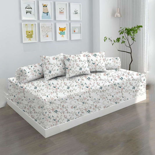 100% Microfiber 6 Pieces Diwan Set - Single bedsheet, 3 Cushions Covers and 2 Bolster Covers ( Diwan Sheet-60 X 90 Inches, Cushion Cover-16 X 16 Inches, Bolster Cover-16 X 32 Inches) (Pink White Waverly Print)