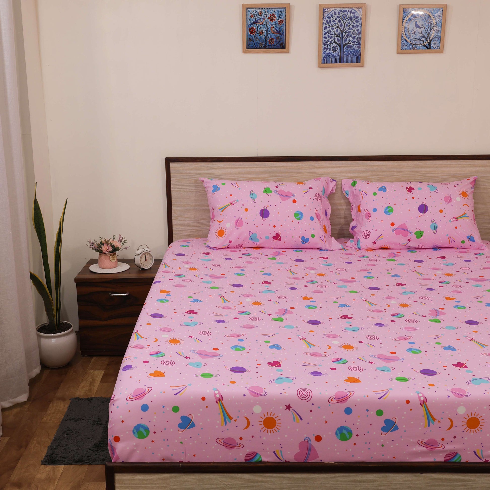 Super Soft Microfiber Fitted Bedsheet | All-Round Elastic | 10-Inch Deep Pocket | Fade, Stain & Wrinkle Resistant | 2 Pillow Covers (Dreamy Galaxies Print)