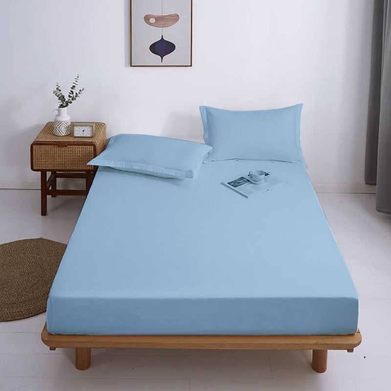 Premium 100% Giza Cotton Fitted Bedsheet with 2 Pillow Covers | All-Round Elastic | 10-Inch Deep Pocket (Light Blue)
