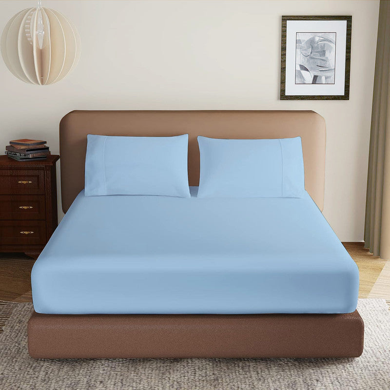 Luxury Microfiber All Round Elastic Fitted Bedsheets with 2 Pillow Covers | 10 Inch Deep Pocket Wrinkle, Fade, Stain Resistant (Light Blue)