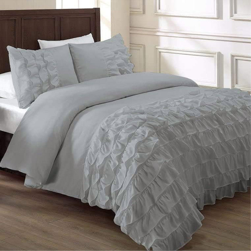 Cotton Waterfall Duvet Cover Set | Silky Soft Sateen Weave | Breathable Long Staple Cotton Bedding with Zipper Closure | 3-Piece Set (1 Duvet Cover + 2 Pillowcases) Light Grey
