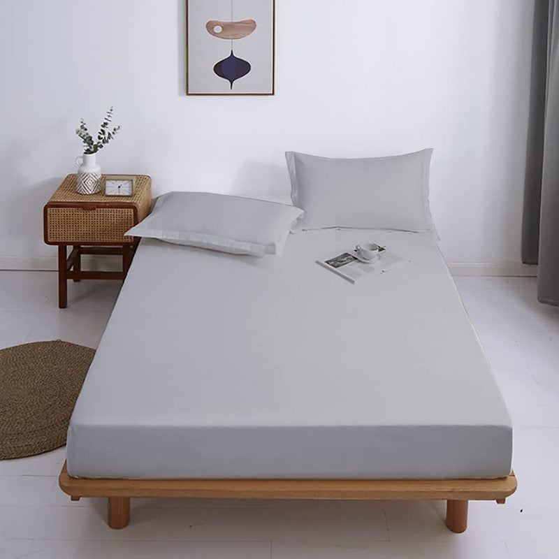 Premium 100% Cotton Fitted Bedsheet with 2 Pillow Covers | All-Round Elastic | 10-Inch Deep Pocket (Light Grey)