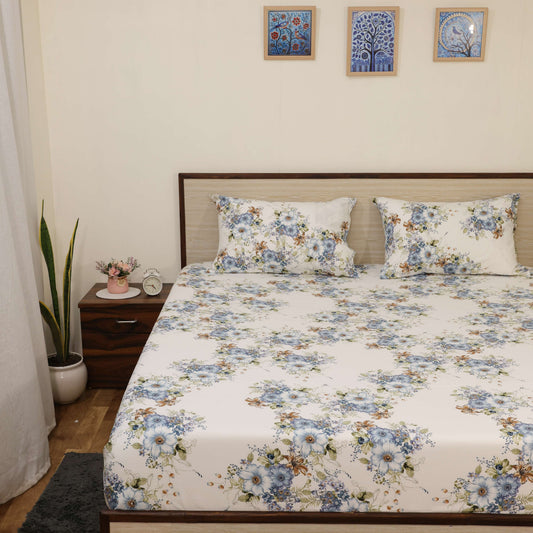 Super Soft Microfiber Fitted Bedsheet | All-Round Elastic | 10-Inch Deep Pocket | Fade, Stain & Wrinkle Resistant | 2 Pillow Covers (Bluebell Bloom Print)