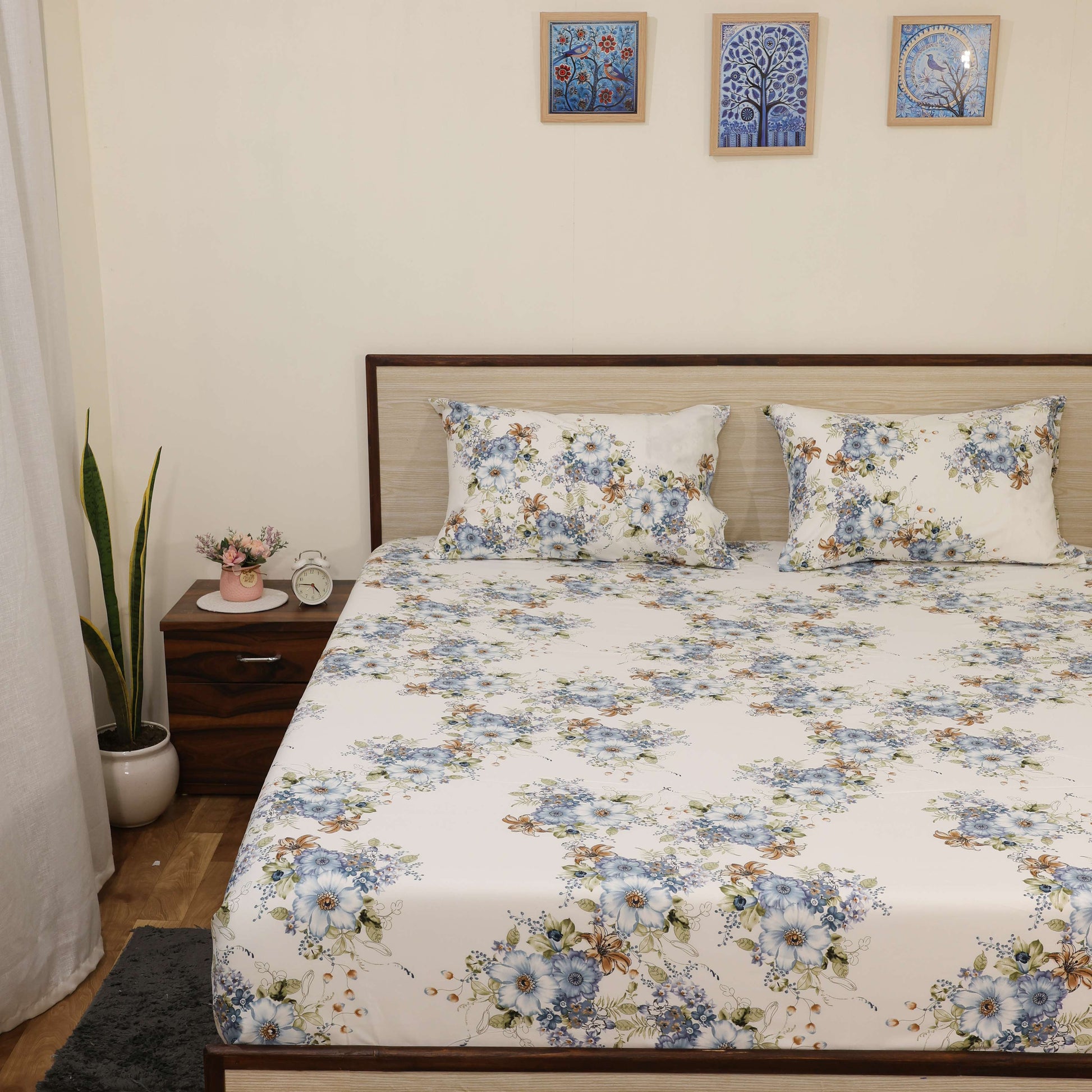 Premium Printed Microfiber All Round Elastic Fitted Bedsheet only| 10 Inch Deep Pocket | Wrinkel Free Bed Cover (Bluebell Bloom Print)