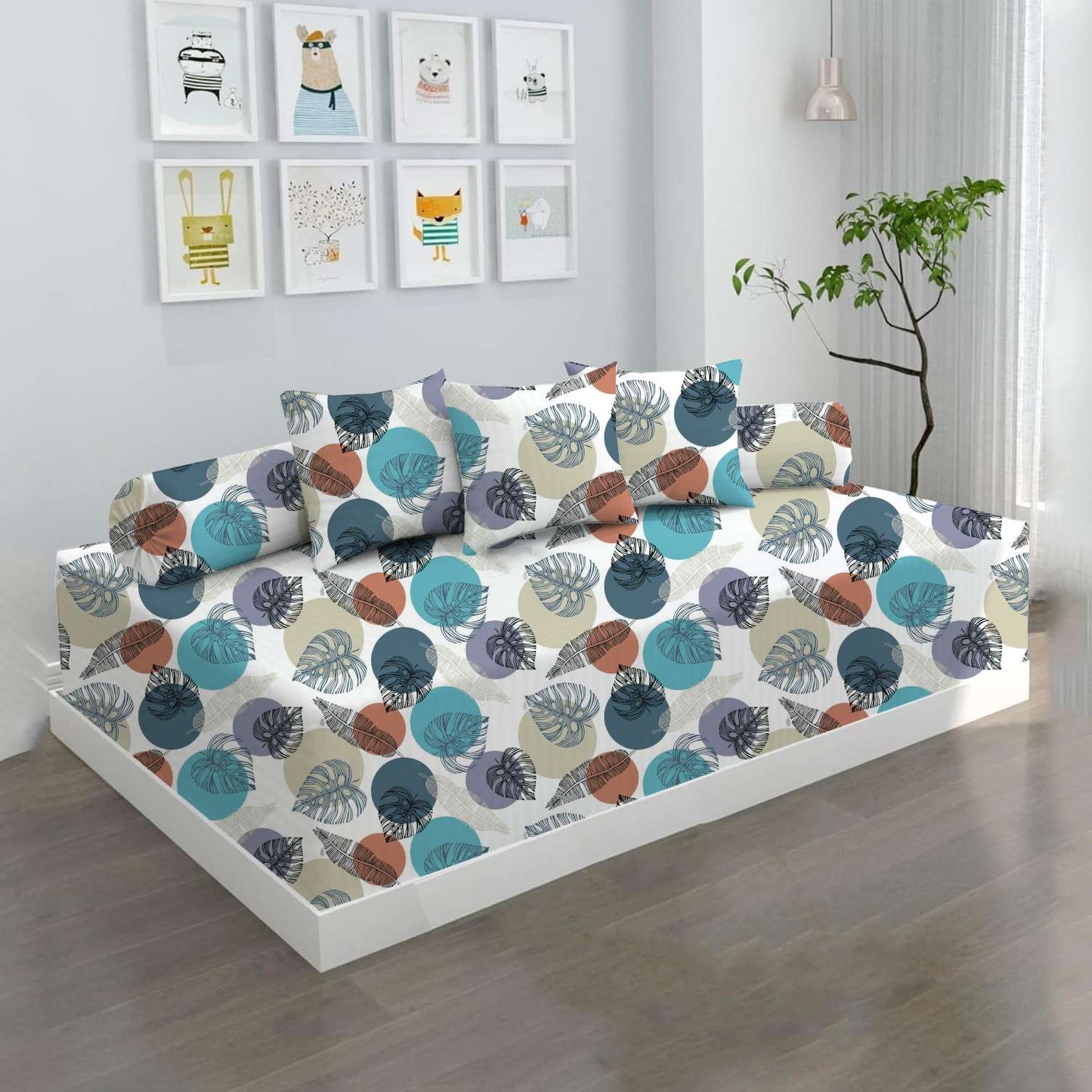 100% Microfiber 6 Pieces Diwan Set - Single bedsheet, 3 Cushions Covers and 2 Bolster Covers ( Diwan Sheet-60 X 90 Inches, Cushion Cover-16 X 16 Inches, Bolster Cover-16 X 32 Inches) (Leafy Meadow Print)