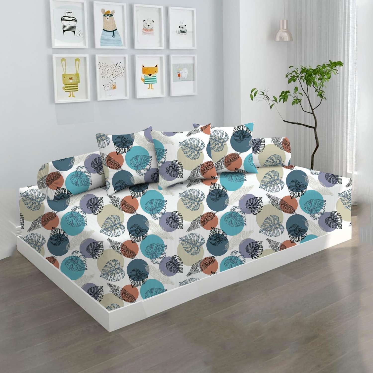 100% Microfiber 6 Pieces Diwan Set - Single bedsheet, 3 Cushions Covers and 2 Bolster Covers ( Diwan Sheet-60 X 90 Inches, Cushion Cover-16 X 16 Inches, Bolster Cover-16 X 32 Inches) (Leafy Meadow Print)