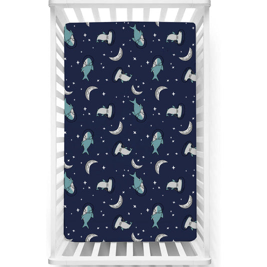 Fitted Cot Crib Sheet | Microfiber Bed Sheets for Newborn Baby Crib Mattress | Deep Pocket All Round Elastic Fitted Crib Sheet for Baby (Moonlight Shark)