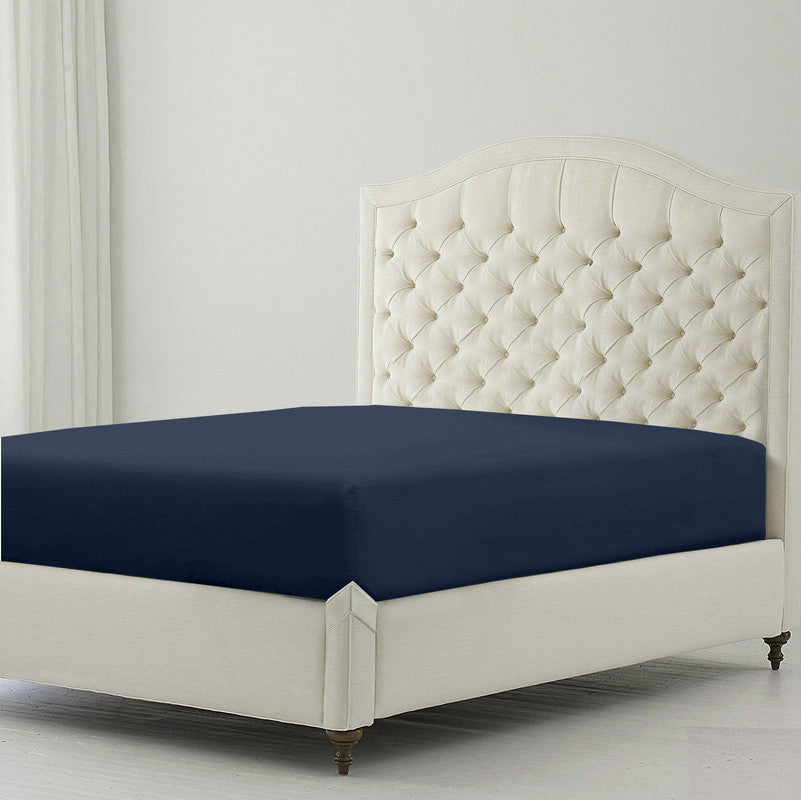 Premium 100% Giza Cotton Fitted Bedsheet | Soft & Cooling Luxury Hotel Sheet | 10-Inch Deep Pocket, All-Round Elastic (Navy Blue)