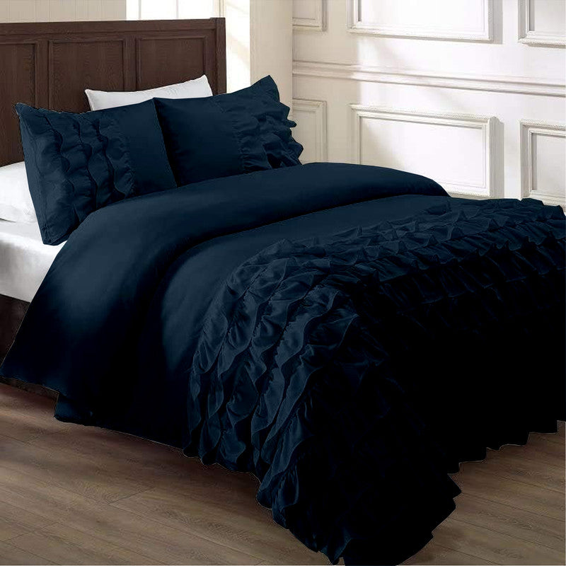 Cotton Waterfall Duvet Cover Set | Silky Soft Sateen Weave | Breathable Long Staple Cotton Bedding with Zipper Closure | 3-Piece Set (1 Duvet Cover + 2 Pillowcases) Navy Blue