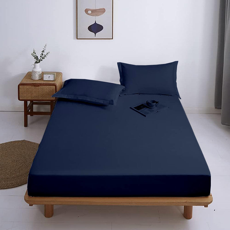 Premium 100% Giza Cotton Fitted Bedsheet with 2 Pillow Covers | All-Round Elastic | 10-Inch Deep Pocket (Navy Blue)