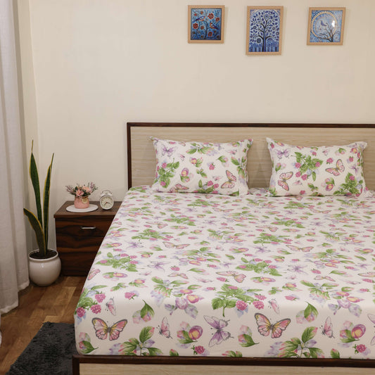 Super Soft Microfiber Fitted Bedsheet | All-Round Elastic | 10-Inch Deep Pocket | Fade, Stain & Wrinkle Resistant | 2 Pillow Covers (Butterfly Meadow Print)