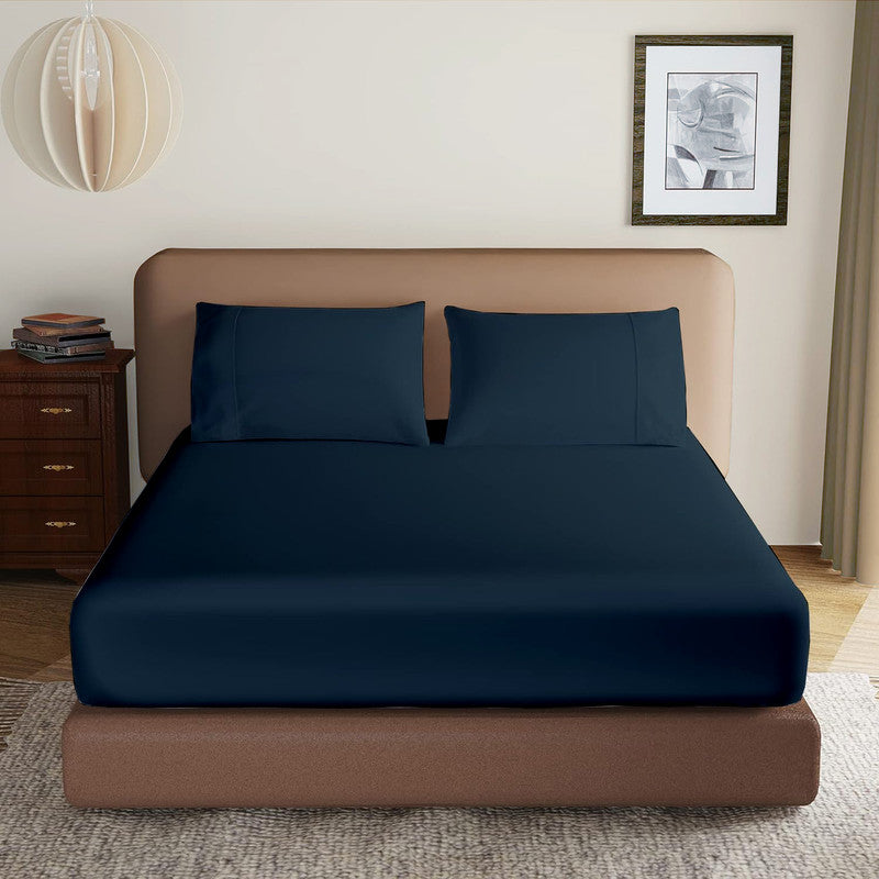 Luxury Microfiber All Round Elastic Fitted Bedsheets with 2 Pillow Covers | 10 Inch Deep Pocket Wrinkle, Fade, Stain Resistant (Navy Blue)