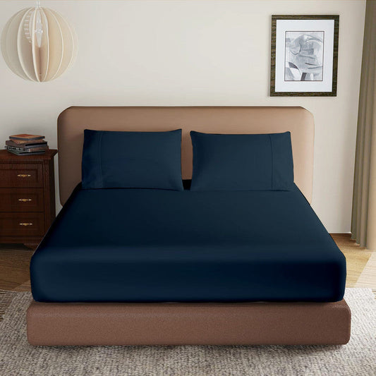 Luxury Microfiber All Round Elastic Fitted Bedsheets with 2 Pillow Covers | 10 Inch Deep Pocket Wrinkle, Fade, Stain Resistant (Navy Blue)