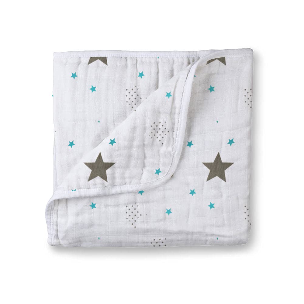 Muslin Cotton 4 Layer Baby Quilt/Dream Blanket for Newborn to 5 Years, for Girls & Boys, Lightweight Newborn Nursery & Crib Blanket, Baby Shower Gift - 45X45 Inch - Blue Star