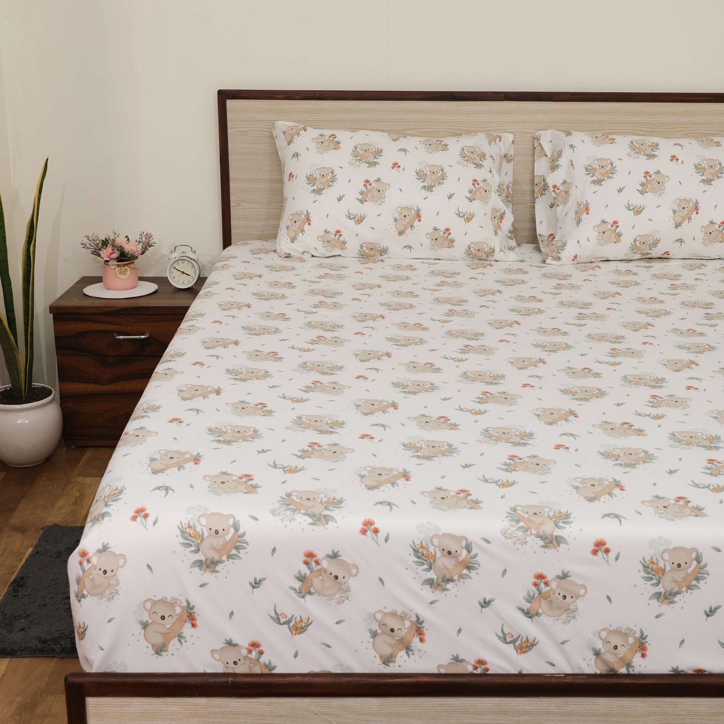 Super Soft Microfiber Fitted Bedsheet | All-Round Elastic | 10-Inch Deep Pocket | Fade, Stain & Wrinkle Resistant | 2 Pillow Covers (Koala Cuddles Print)