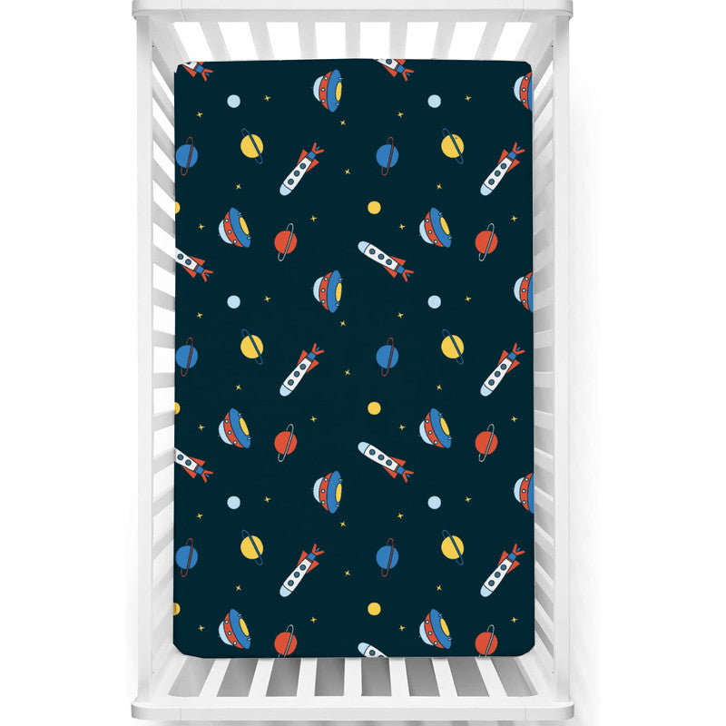 Fitted Cot Crib Sheet | Microfiber Bed Sheets for Newborn Baby Crib Mattress | Deep Pocket All Round Elastic Fitted Crib Sheet for Baby (Planet-Spaceship)