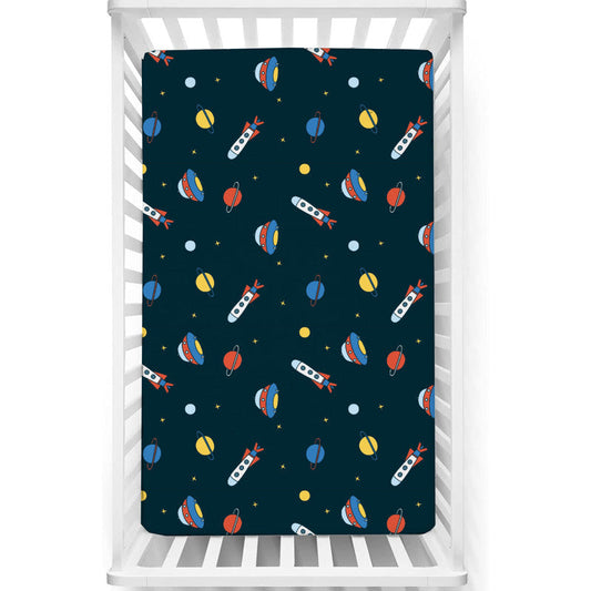 Fitted Cot Crib Sheet | Microfiber Bed Sheets for Newborn Baby Crib Mattress | Deep Pocket All Round Elastic Fitted Crib Sheet for Baby (Planet-Spaceship)