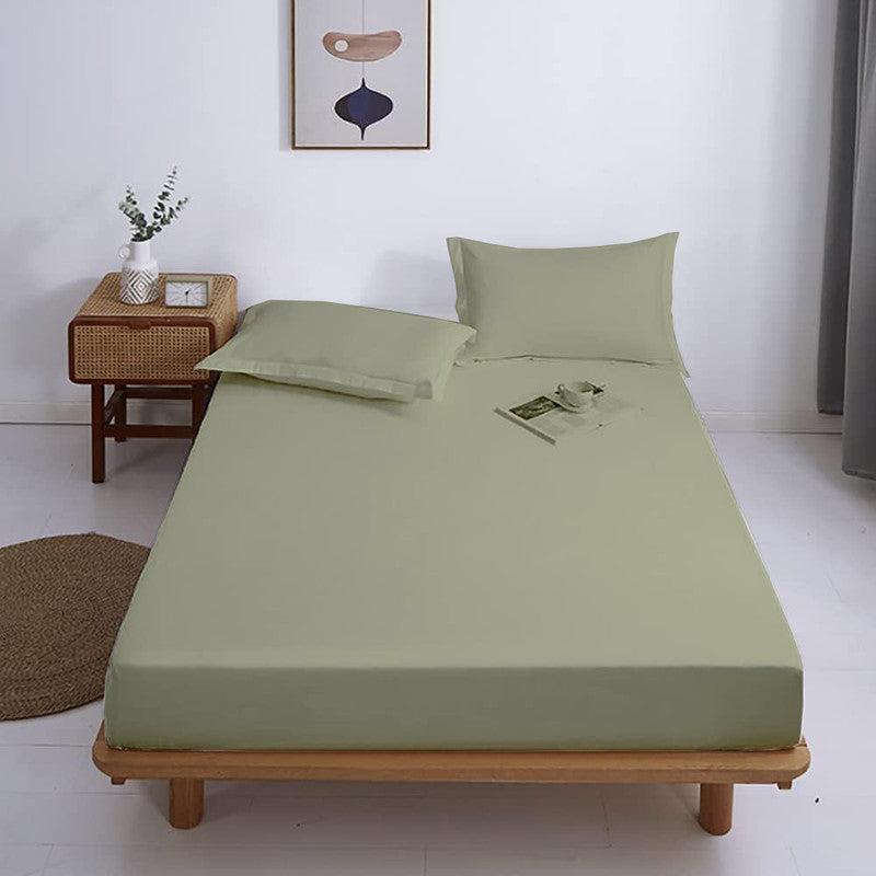 Premium 100% Cotton Fitted Bedsheet with 2 Pillow Covers | All-Round Elastic | 10-Inch Deep Pocket (Sage)