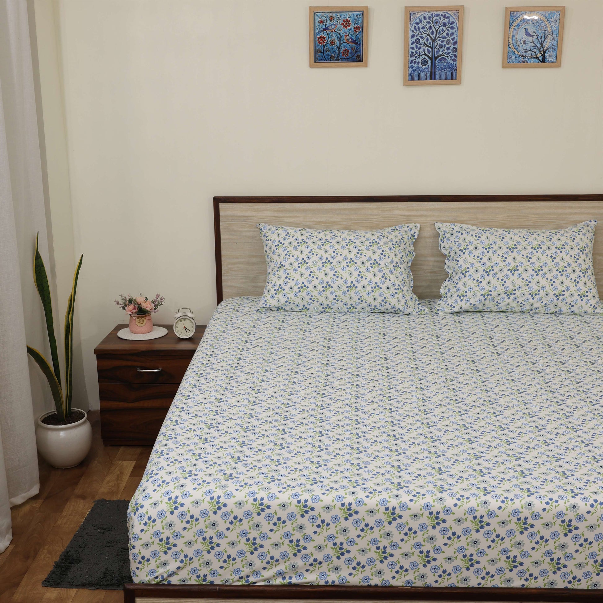 Super Soft Microfiber Fitted Bedsheet | All-Round Elastic | 10-Inch Deep Pocket | Fade, Stain & Wrinkle Resistant | 2 Pillow Covers (Blue Floral Print)
