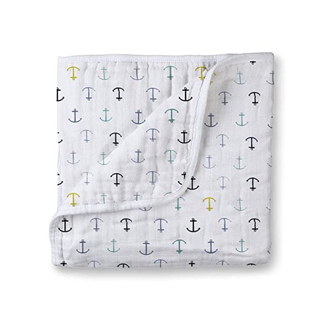 Muslin Cotton 4 Layer Baby Quilt/Dream Blanket for Newborn to 5 Years, for Girls & Boys, Lightweight Newborn Nursery & Crib Blanket, Baby Shower Gift - 45X45 Inch - Anchor