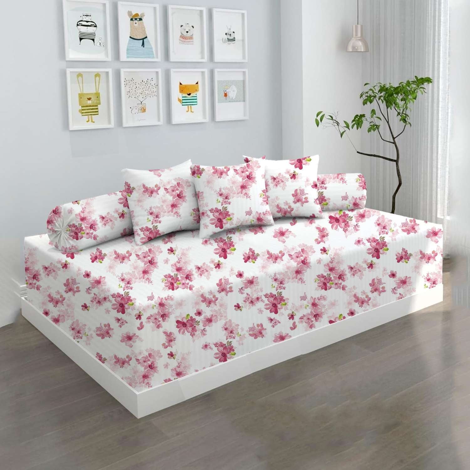 100% Microfiber 6 Pieces Diwan Set - Single bedsheet, 3 Cushions Covers and 2 Bolster Covers ( Diwan Sheet-60 X 90 Inches, Cushion Cover-16 X 16 Inches, Bolster Cover-16 X 32 Inches) (Floral Pink Print)