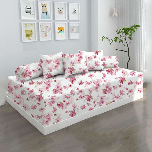 100% Microfiber 6 Pieces Diwan Set - Single bedsheet, 3 Cushions Covers and 2 Bolster Covers ( Diwan Sheet-60 X 90 Inches, Cushion Cover-16 X 16 Inches, Bolster Cover-16 X 32 Inches) (Floral Pink Print)