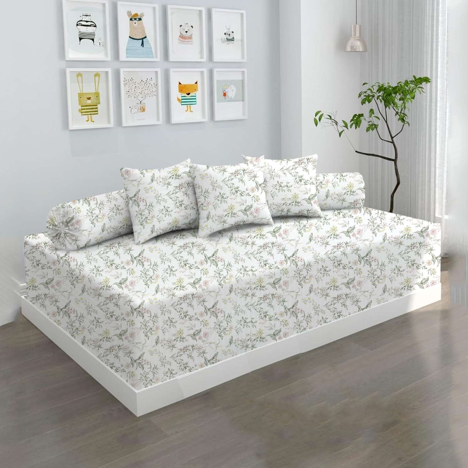 100% Microfiber 6 Pieces Diwan Set - Single bedsheet, 3 Cushions Covers and 2 Bolster Covers ( Diwan Sheet-60 X 90 Inches, Cushion Cover-16 X 16 Inches, Bolster Cover-16 X 32 Inches) (Morning Petals Print)