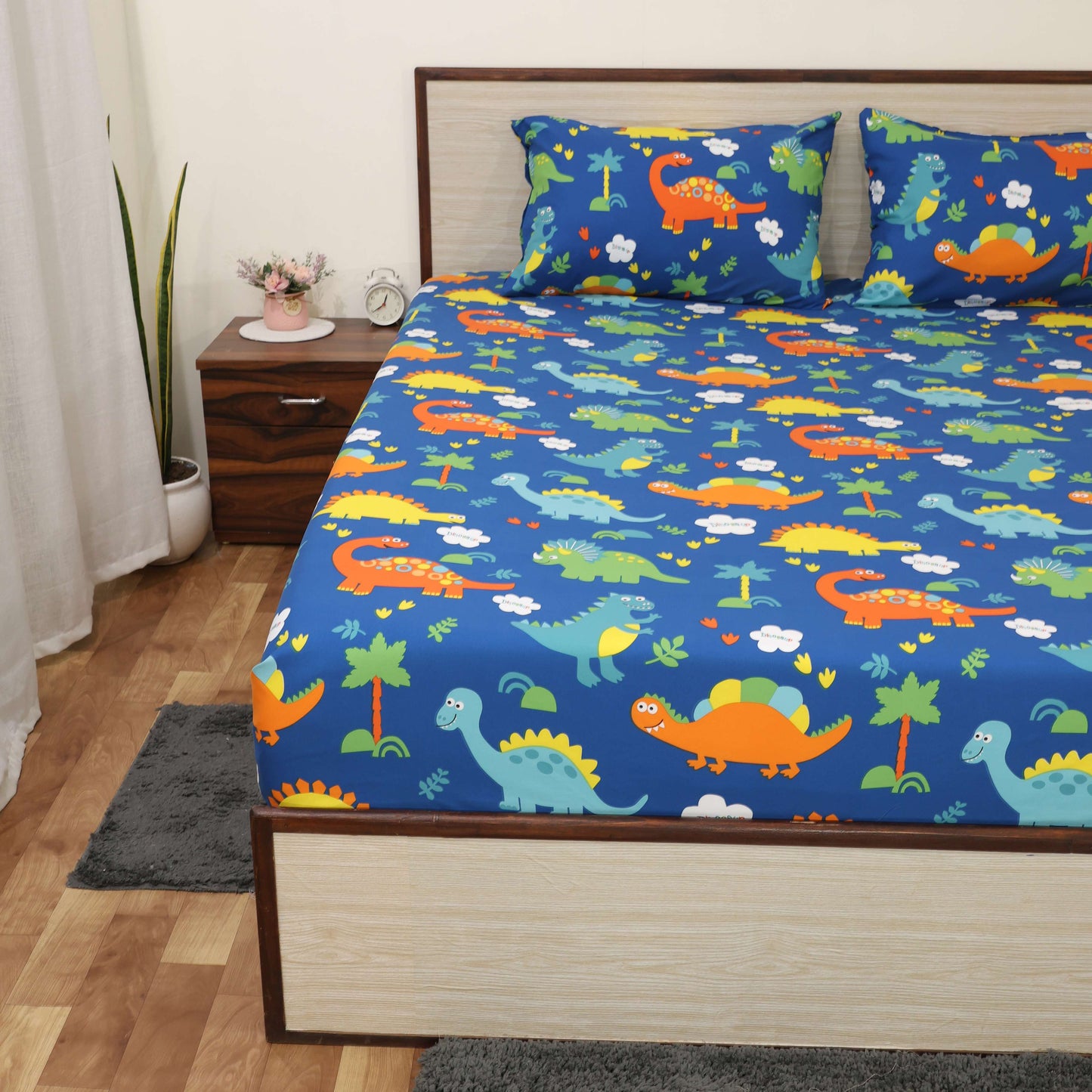 Super Soft Microfiber Fitted Bedsheet | All-Round Elastic | 10-Inch Deep Pocket | Fade, Stain & Wrinkle Resistant | 2 Pillow Covers (Blue Dinosaur Print)