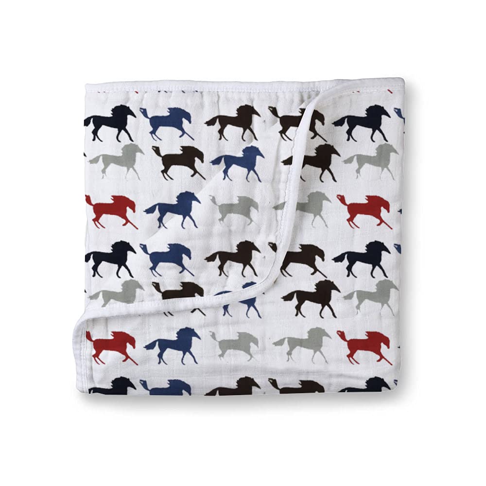 Muslin Cotton 4-Layer Baby Quilt / Dream Blanket | Lightweight Nursery & Crib Blanket for Newborn to 5 Years | For Boys & Girls | 45 x 45 Inch | Baby Shower Gift | Horse