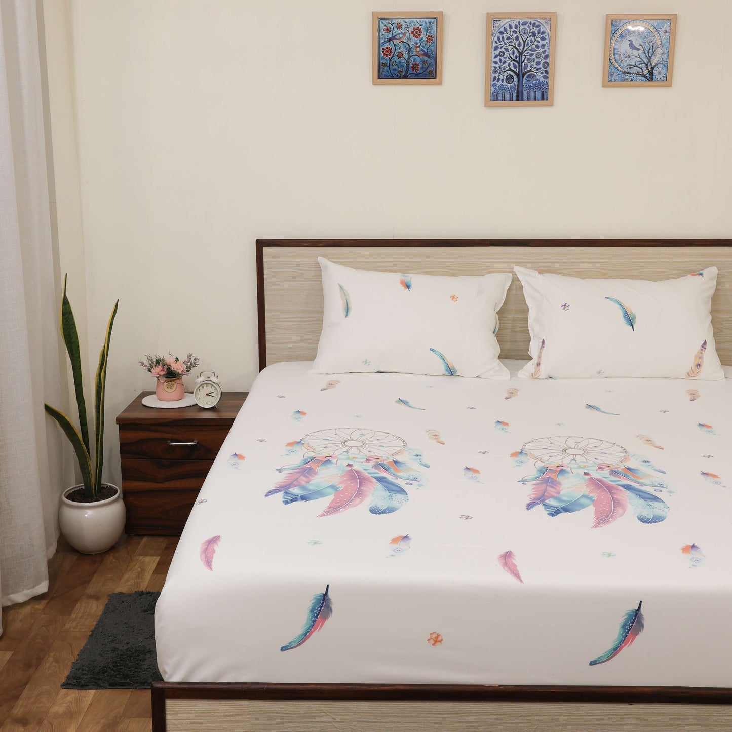 Premium Printed Microfiber All Round Elastic Fitted Bedsheet only| 10 Inch Deep Pocket | Wrinkel Free Bed Cover (Feather Dreams Print)