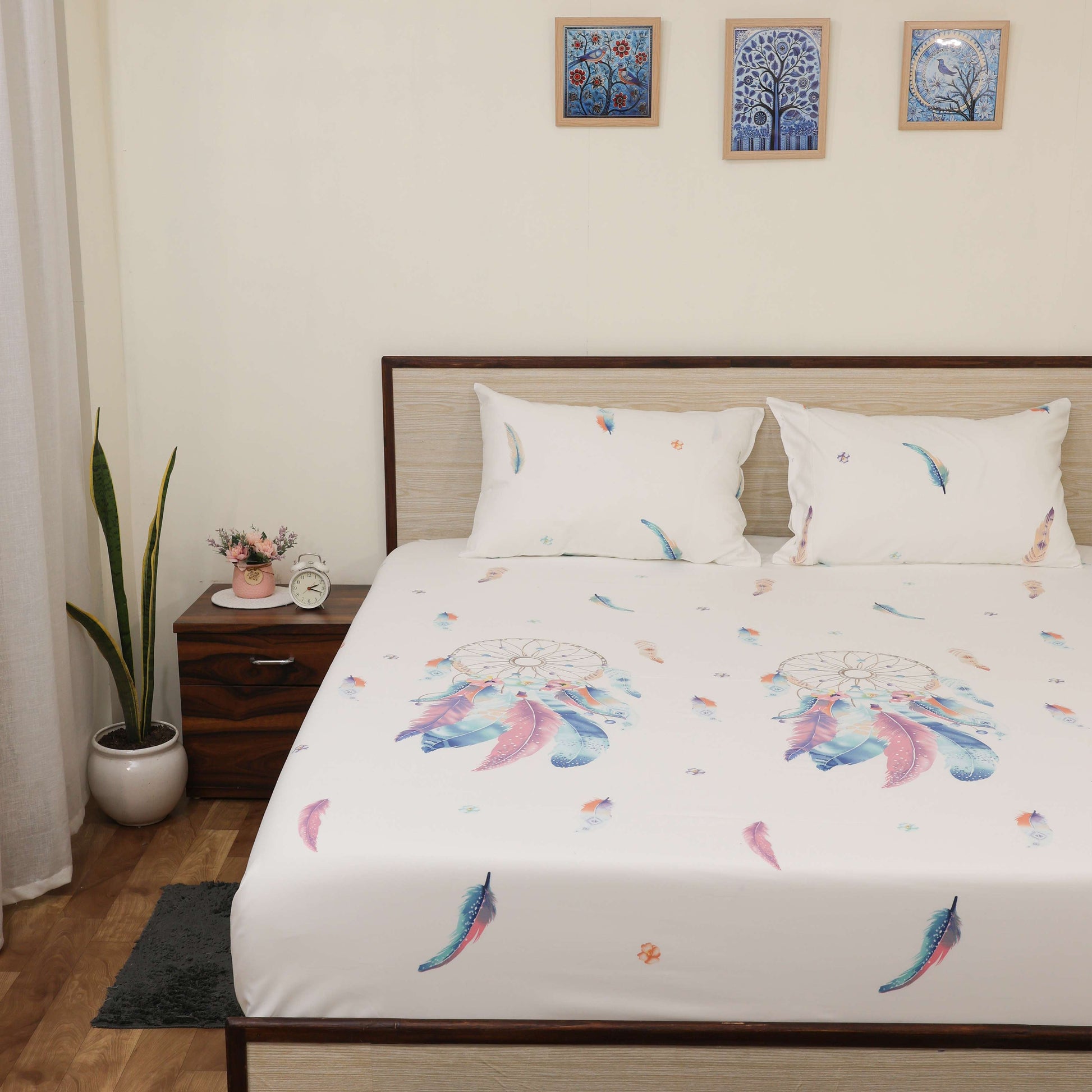 Super Soft Microfiber Fitted Bedsheet | All-Round Elastic | 10-Inch Deep Pocket | Fade, Stain & Wrinkle Resistant | 2 Pillow Covers (Feather Dreams Print)