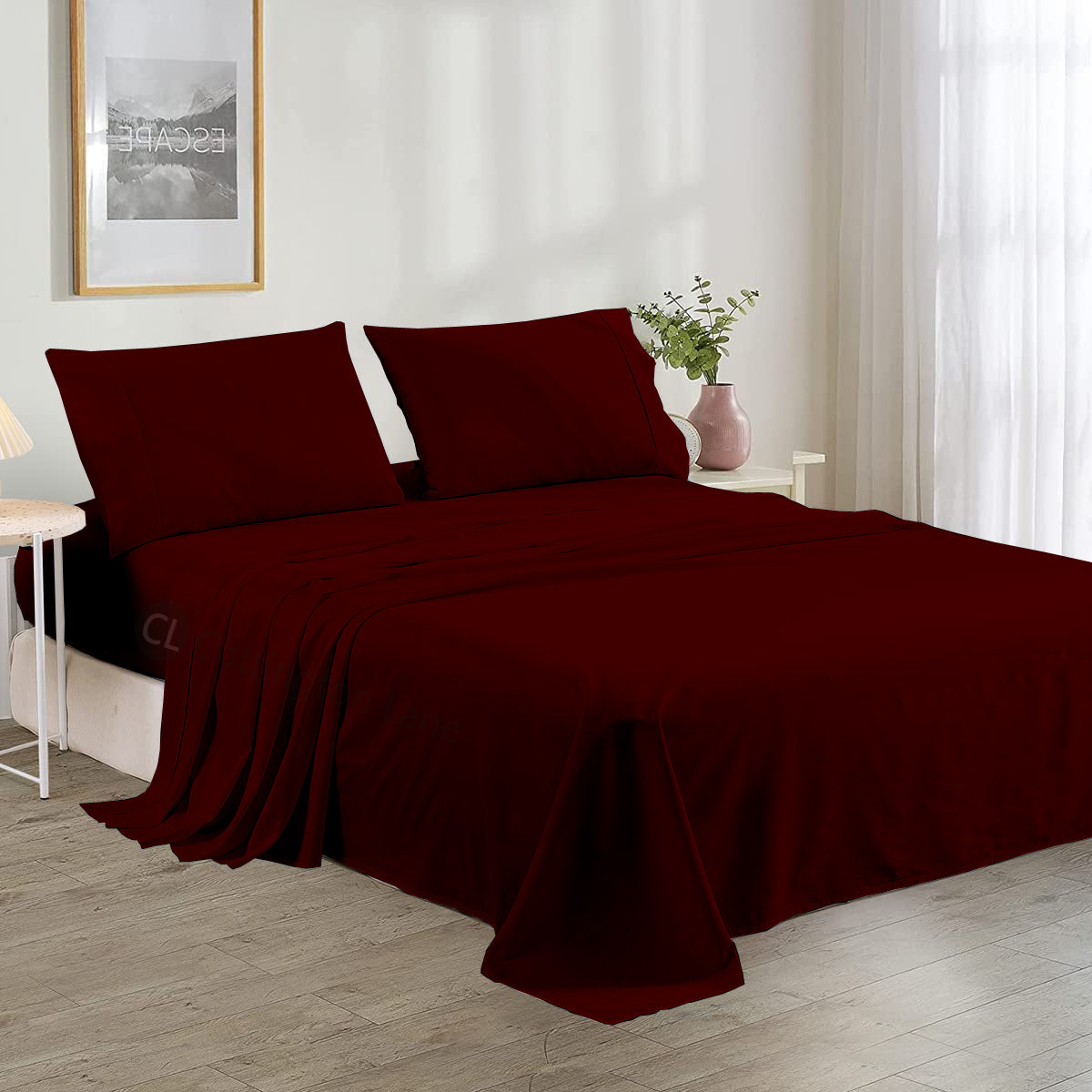 Luxury Microfiber 4-Piece Bedsheet Set | Soft & Breathable | Flat Sheet, Fitted Sheet (10" Deep) & 2 Pillow Covers (Burgundy)
