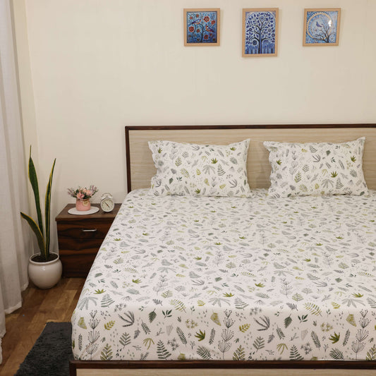 Premium Printed Microfiber All Round Elastic Fitted Bedsheet only| 10 Inch Deep Pocket | Wrinkel Free Bed Cover (Leafy Tranquil Print)