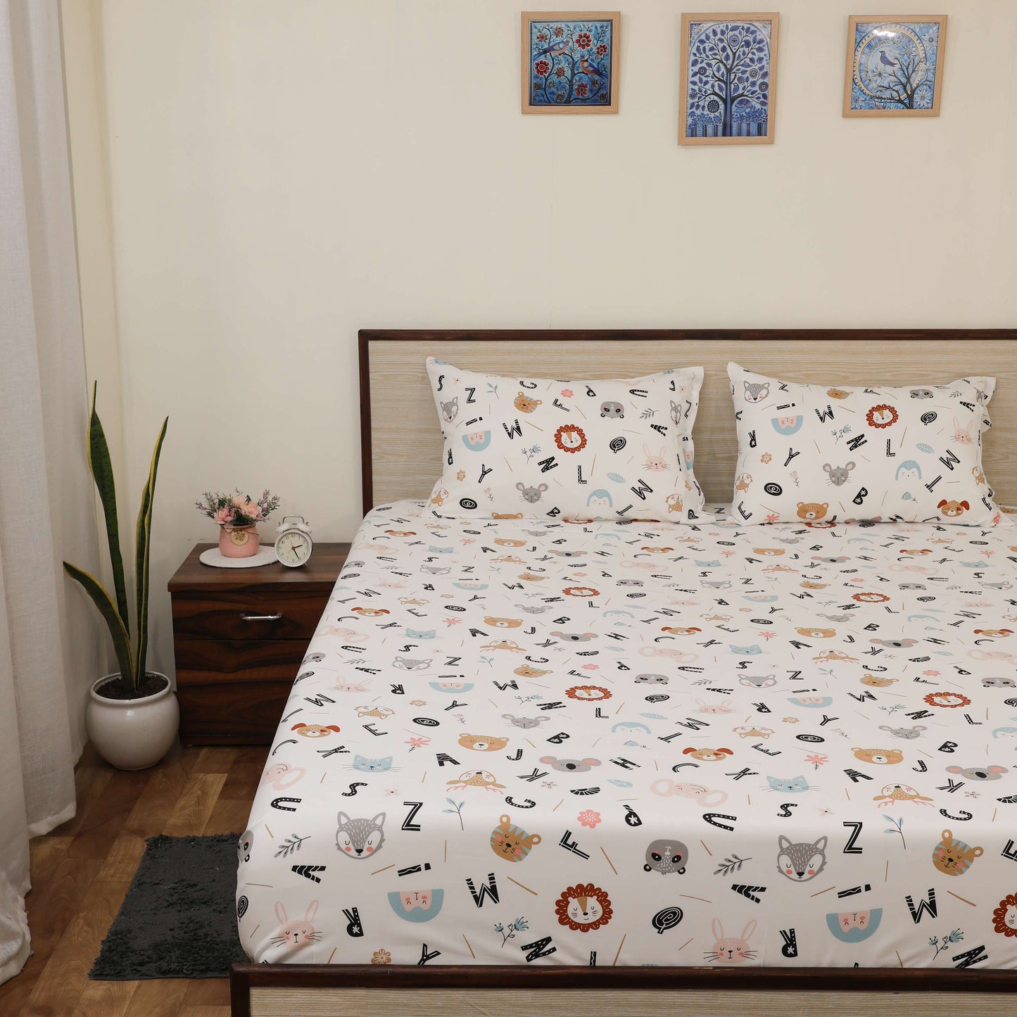 Super Soft Microfiber Fitted Bedsheet | All-Round Elastic | 10-Inch Deep Pocket | Fade, Stain & Wrinkle Resistant | 2 Pillow Covers (Alphabet Adventure Print)
