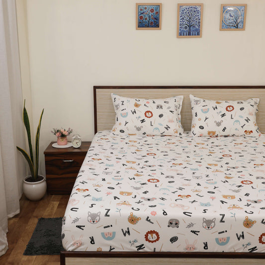 Super Soft Microfiber Fitted Bedsheet | All-Round Elastic | 10-Inch Deep Pocket | Fade, Stain & Wrinkle Resistant | 2 Pillow Covers (Alphabet Adventure Print)