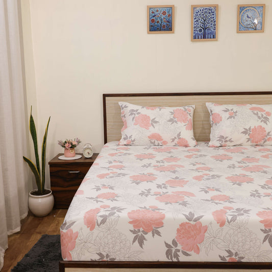 Premium Printed Microfiber All Round Elastic Fitted Bedsheet only| 10 Inch Deep Pocket | Wrinkel Free Bed Cover (Blush Petals Print)