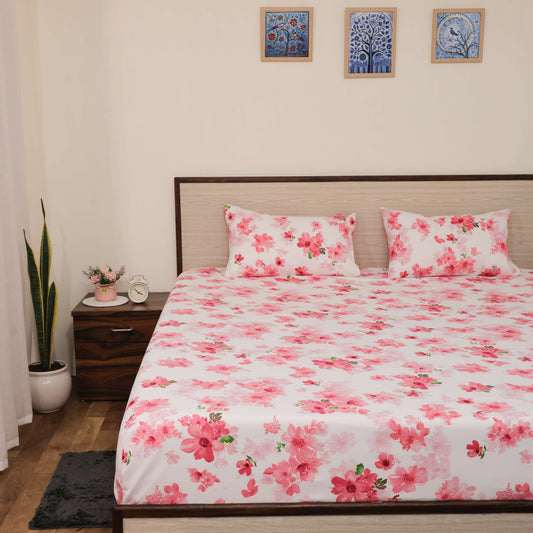 Super Soft Microfiber Fitted Bedsheet | All-Round Elastic | 10-Inch Deep Pocket | Fade, Stain & Wrinkle Resistant | 2 Pillow Covers (Floral Pink Print)