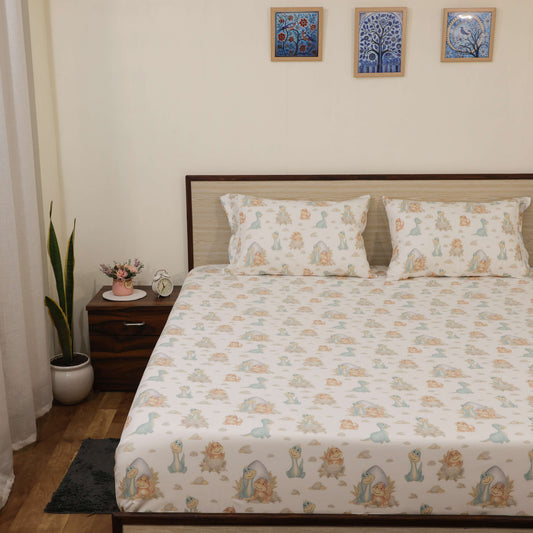 Super Soft Microfiber Fitted Bedsheet | All-Round Elastic | 10-Inch Deep Pocket | Fade, Stain & Wrinkle Resistant | 2 Pillow Covers (Cute Dino Print)