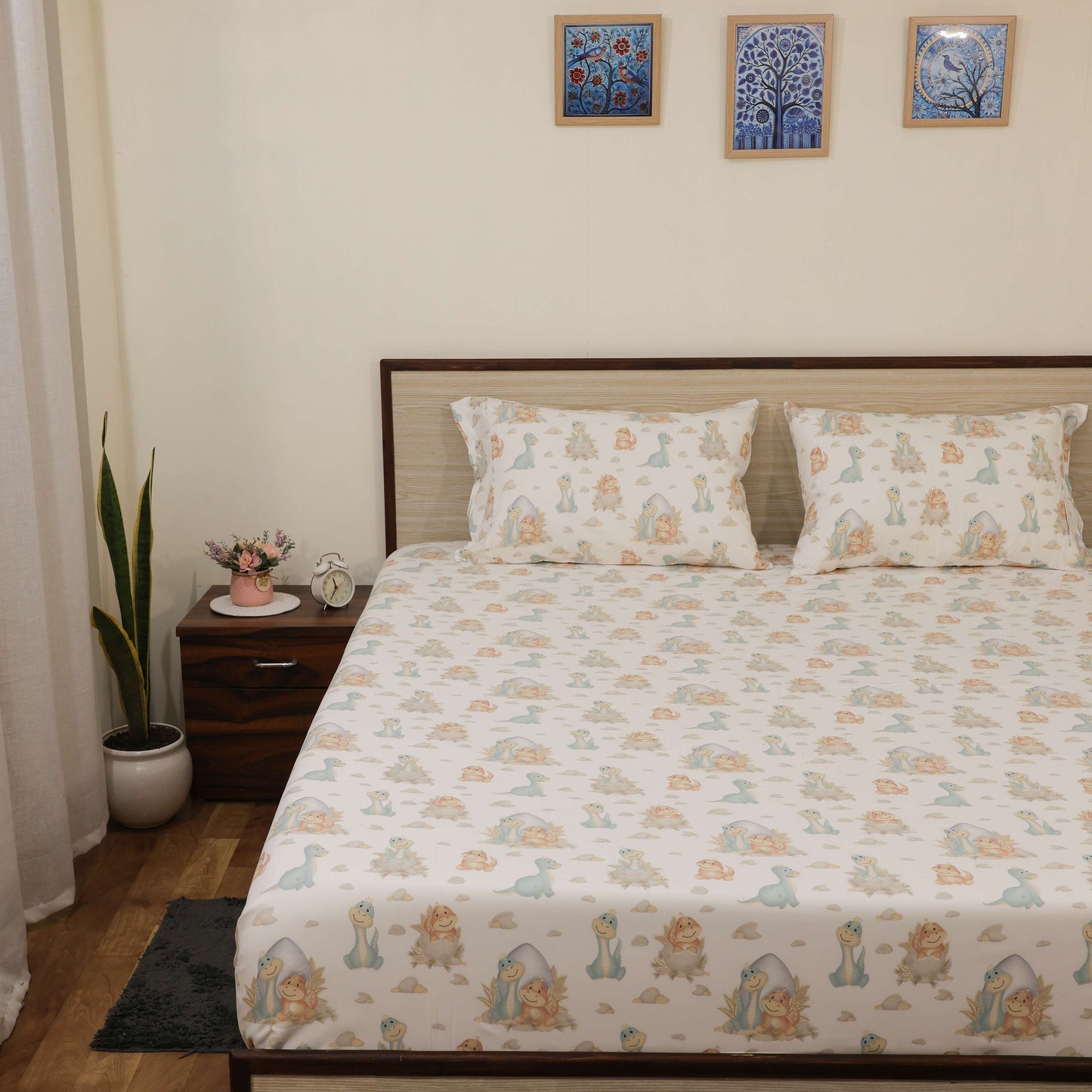 Premium Printed Microfiber All Round Elastic Fitted Bedsheet only| 10 Inch Deep Pocket | Wrinkel Free Bed Cover (Cute Dino Print)