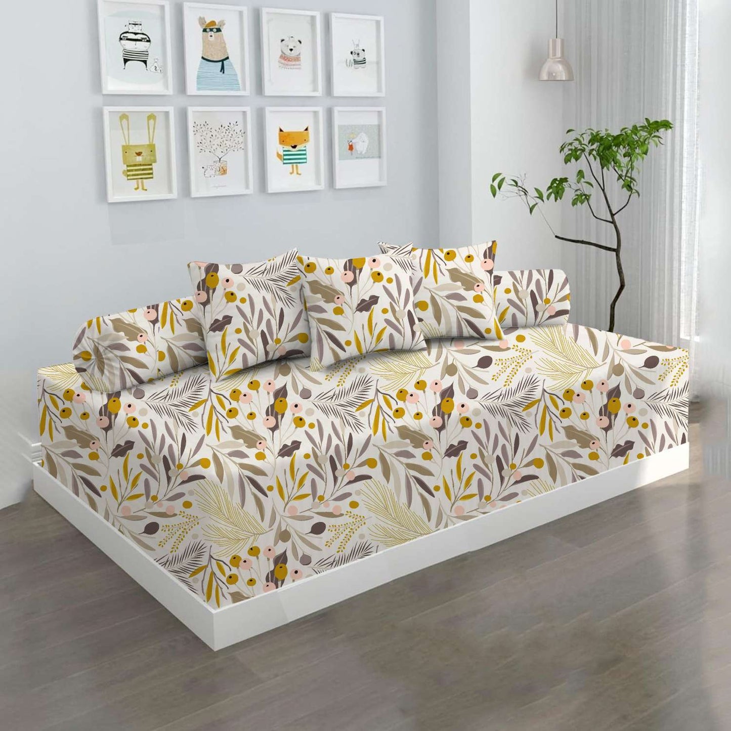 100% Microfiber 6 Pieces Diwan Set - Single bedsheet, 3 Cushions Covers and 2 Bolster Covers ( Diwan Sheet-60 X 90 Inches, Cushion Cover-16 X 16 Inches, Bolster Cover-16 X 32 Inches) (Floral Harmony Print)
