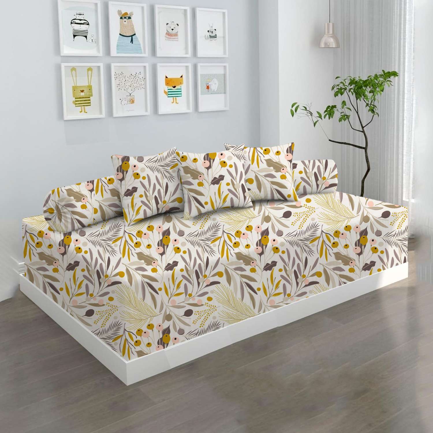 100% Microfiber 6 Pieces Diwan Set - Single bedsheet, 3 Cushions Covers and 2 Bolster Covers ( Diwan Sheet-60 X 90 Inches, Cushion Cover-16 X 16 Inches, Bolster Cover-16 X 32 Inches) (Floral Harmony Print)