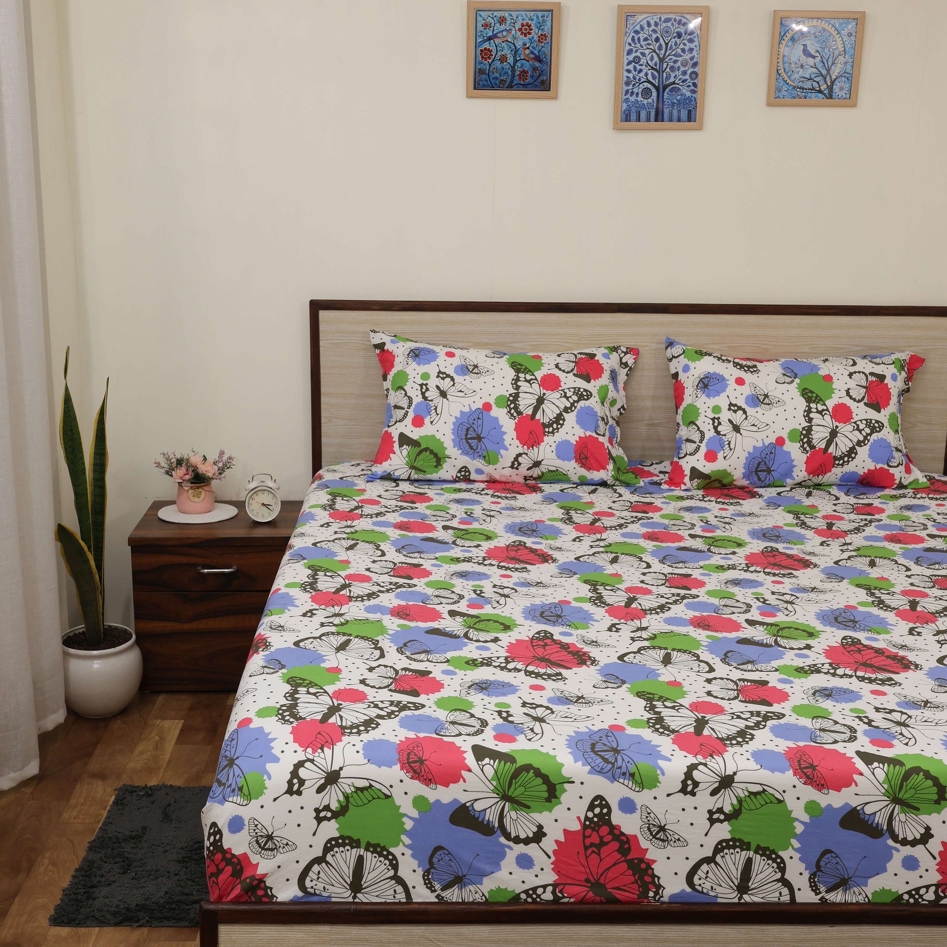 Premium Printed Microfiber All Round Elastic Fitted Bedsheet only| 10 Inch Deep Pocket | Wrinkel Free Bed Cover (Dreamy Butterflies Print)
