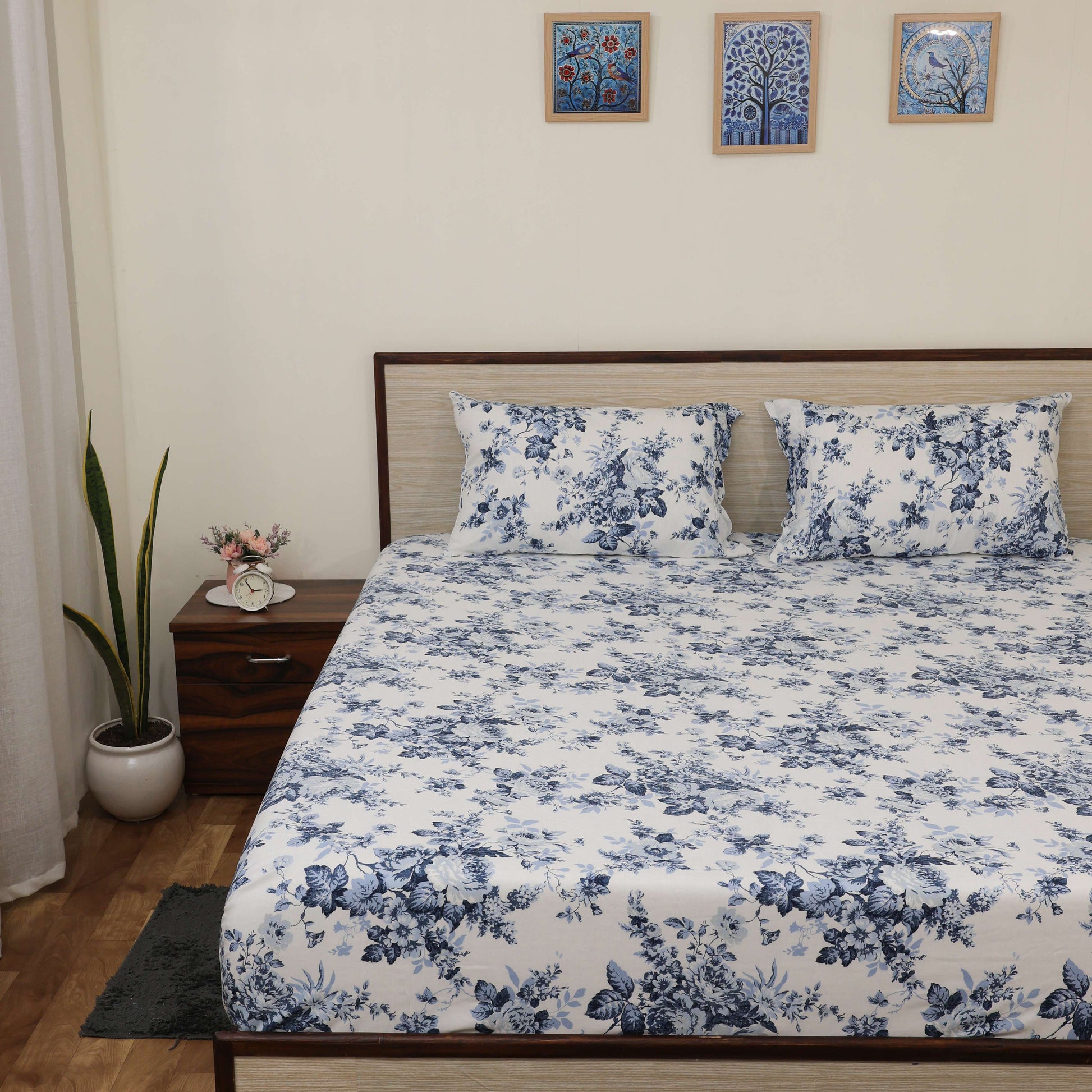 Premium Printed Microfiber All Round Elastic Fitted Bedsheet only| 10 Inch Deep Pocket | Wrinkel Free Bed Cover (Blue Floral Bliss Print)