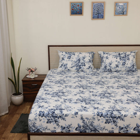 Super Soft Microfiber Fitted Bedsheet | All-Round Elastic | 10-Inch Deep Pocket | Fade, Stain & Wrinkle Resistant | 2 Pillow Covers (Blue Floral Bliss Print)