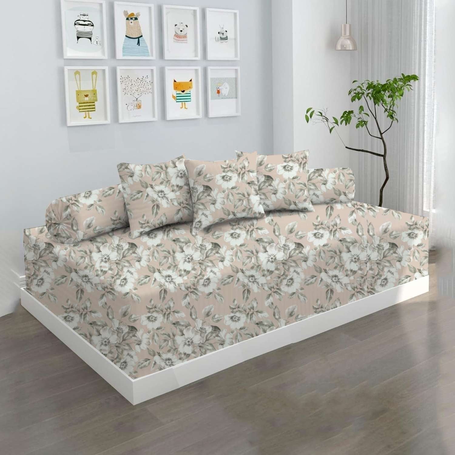 100% Microfiber 6 Pieces Diwan Set - Single bedsheet, 3 Cushions Covers and 2 Bolster Covers ( Diwan Sheet-60 X 90 Inches, Cushion Cover-16 X 16 Inches, Bolster Cover-16 X 32 Inches) (Floral Fantasy Print)