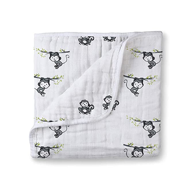 Muslin Cotton 4-Layer Baby Quilt / Dream Blanket | Lightweight Nursery & Crib Blanket for Newborn to 5 Years | For Boys & Girls | 45 x 45 Inch | Baby Shower Gift | Monkey